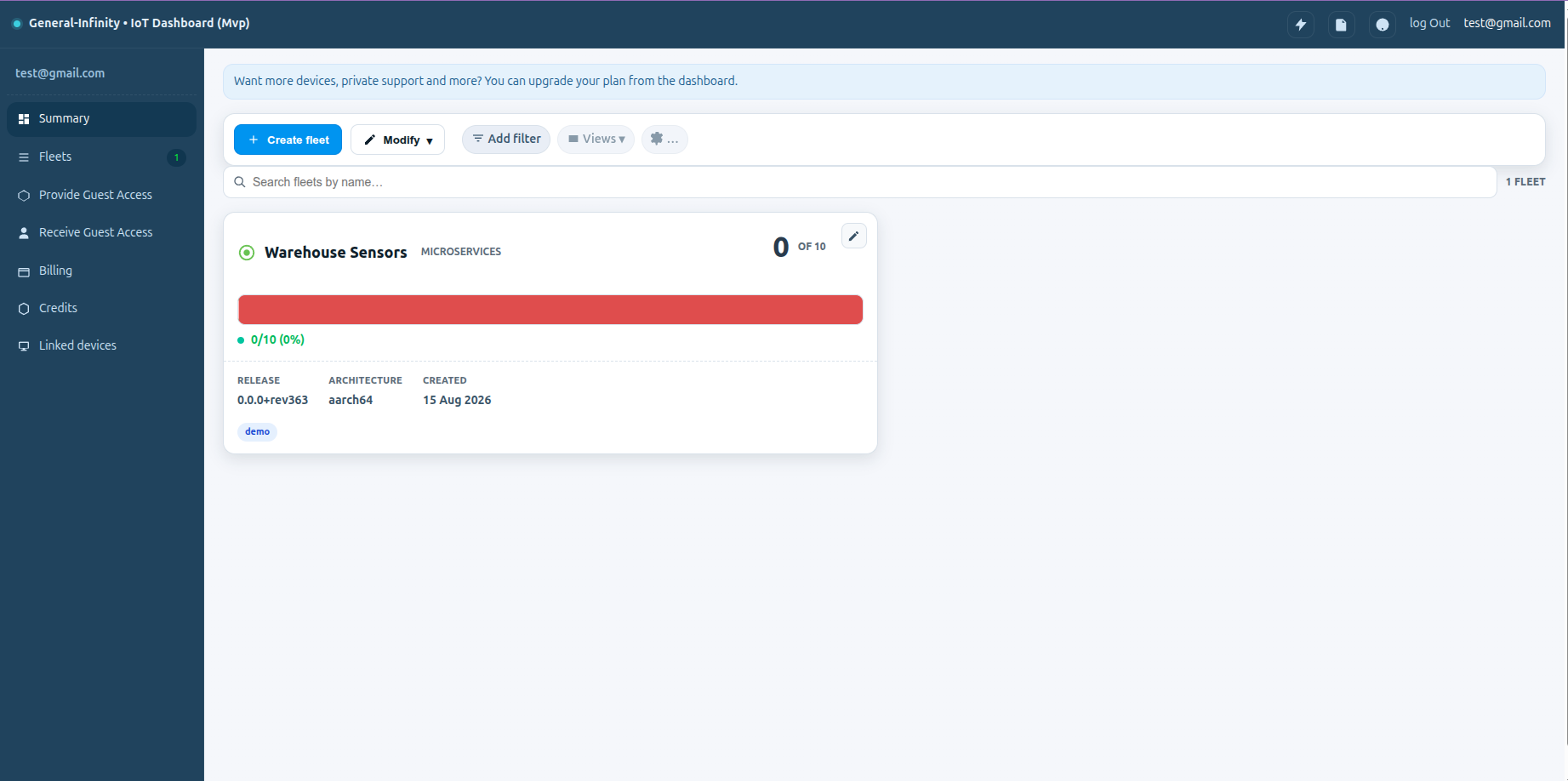 General Infinity dashboard showing a fleet of devices